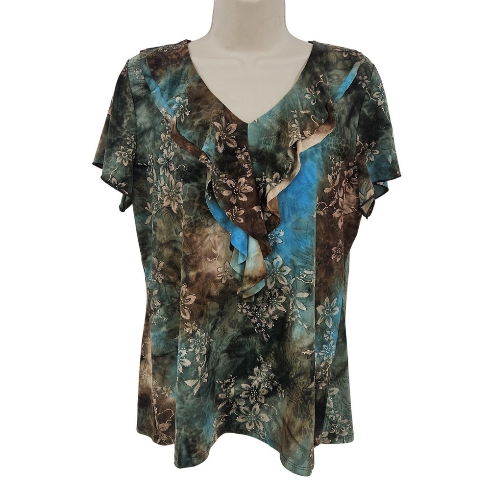 VTG Y2K Grunge Fairycore Blouse Women L Green Floral Ruffle Flutter Goblin Boho